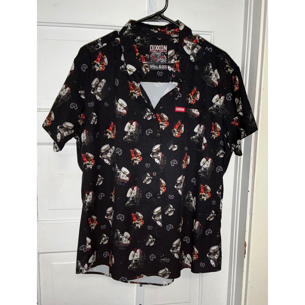 Dixxon Flannel Co Small Block Shirt XL Black Engine Print Short Sleeve Button Up